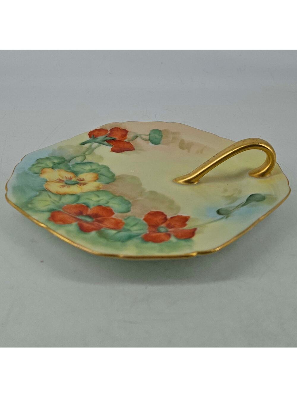 Vintage Hand painted floral green nappy trinket Dish w handle